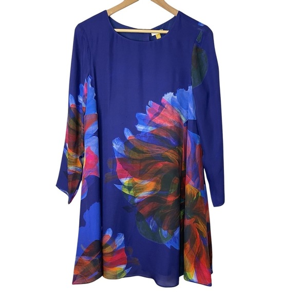 ❌SOLD❌LEIFSDOTTIR Anthropologie Blue Watercolor Floral Silk Fanned Mini Dress - Picture 2 of 8